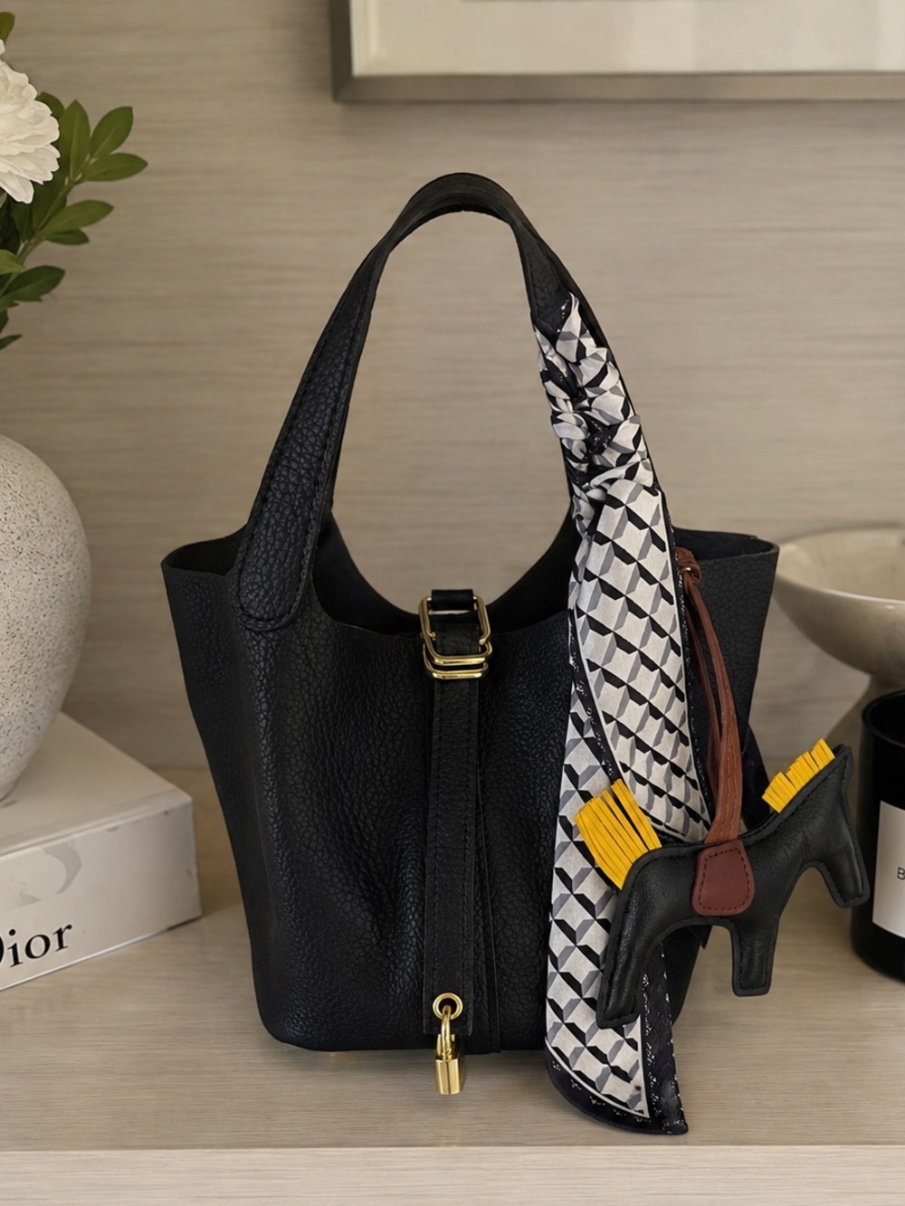 NEW  Black Pebbled Leather Shoulder Bag with Scarf and Charm